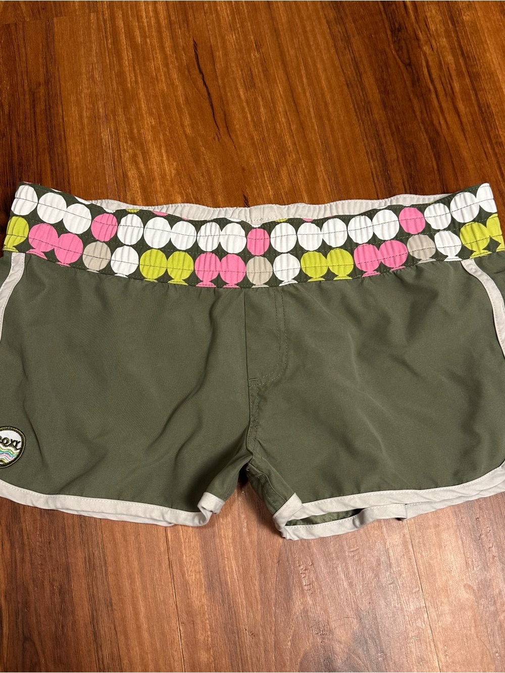 Roxy Olive Green Board Shorts with Pink and Lime Waistband